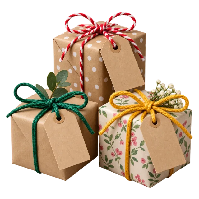 Three parcels in different sizes with red, green and yellow ties and blank brown gift tags