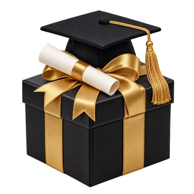 A black gift box with a gold ribbon, topped by a graduation cap and rolled diploma