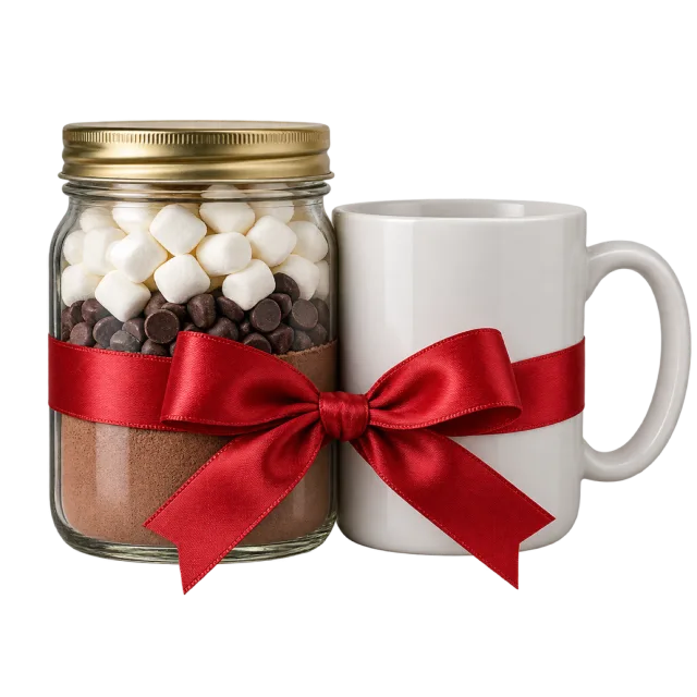 A jar filled with cocoa ingredients and marshmallows beside a white mug, joined by a red ribbon