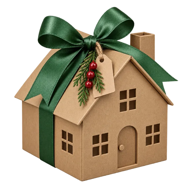 A brown house-shaped gift box with cutout windows, a roof and a dark green ribbon bow
