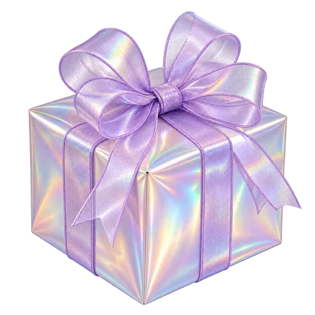 A square gift box with a rainbow sheen and a large translucent lavender ribbon bow