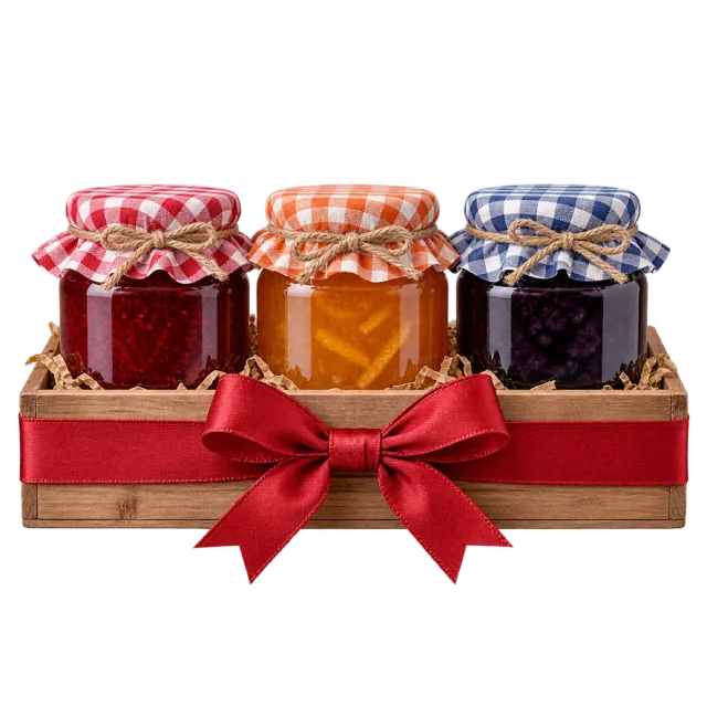 Three colorful jam jars with gingham lid covers in a wooden tray tied with a red bow