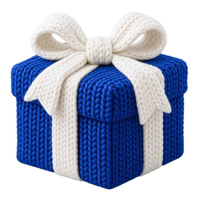A deep blue gift box with a chunky knitted texture and a soft white knitted ribbon