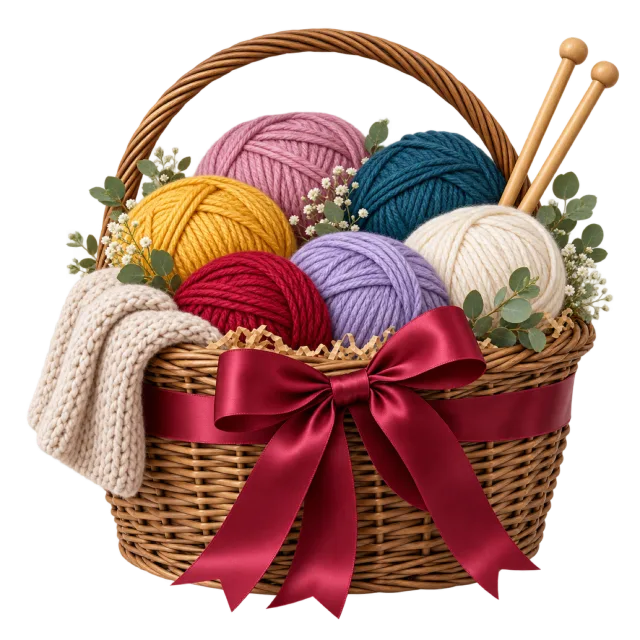 A wicker basket of colorful yarn balls, knitting needles and a draped knitted piece, decorated with a burgundy bow