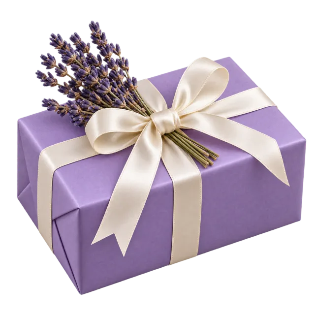A purple rectangular gift wrapped with a cream ribbon and a small bundle of dried lavender
