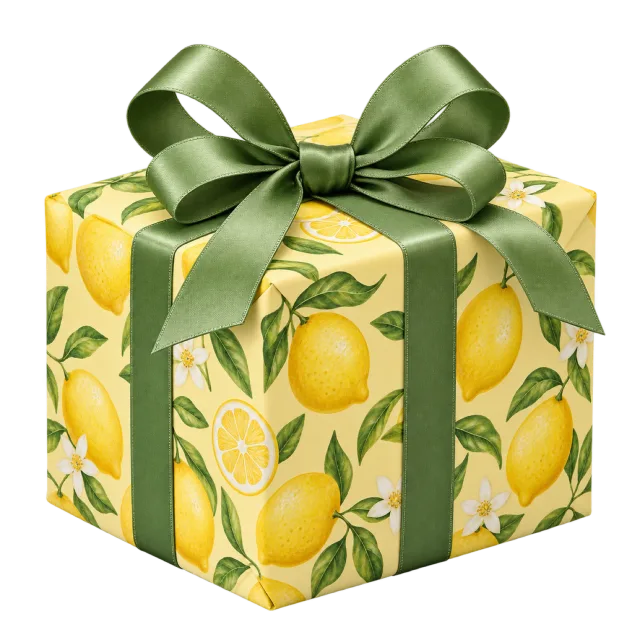 A cream gift box patterned with yellow lemons and green leaves beneath an olive green ribbon bow