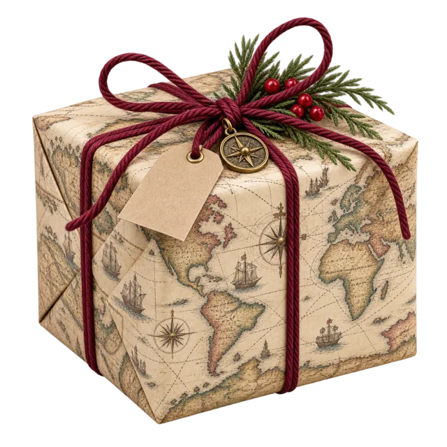 A parcel wrapped in vintage map print, tied with burgundy cord and decorated with a tag and evergreen sprigs