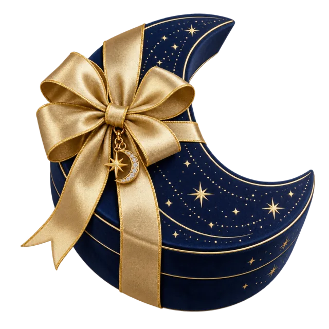 A navy crescent-shaped box covered in gold stars and tied with a gold ribbon bow