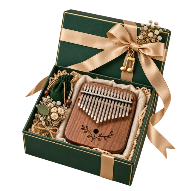 An open dark green gift box containing a wooden kalimba, with a gold-colored ribbon and small floral accents