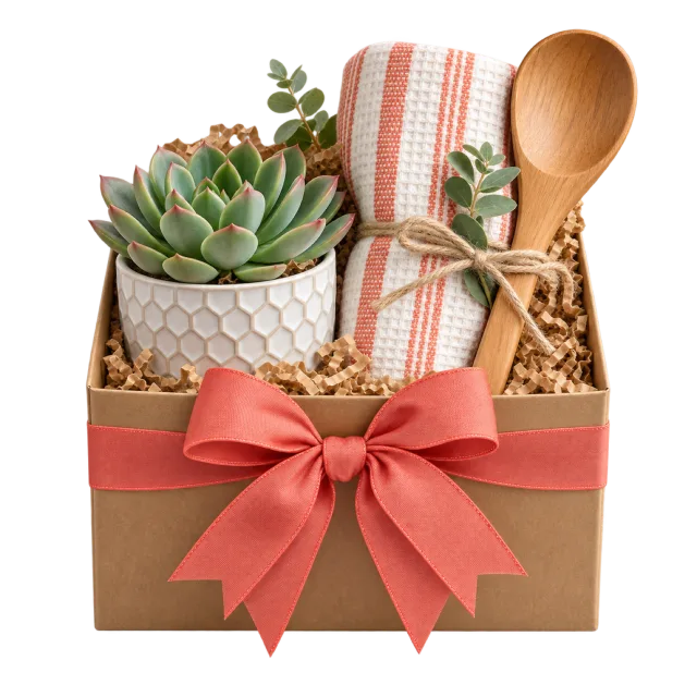 An open kraft box holding a potted succulent, folded striped cloth and wooden spoon, finished with a coral bow