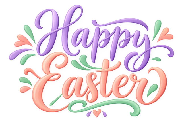 Happy Easter in lavender, peach and mint, cheerful rounded calligraphy on a transparent background