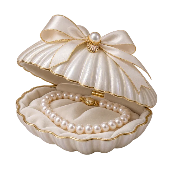 An open cream shell-shaped jewelry box displaying a pearl necklace, with a ribbon bow on its lid