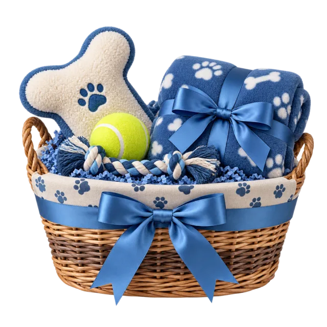 A wicker basket with blue paw-print trim, a folded blanket, a bone-shaped toy and a yellow tennis ball