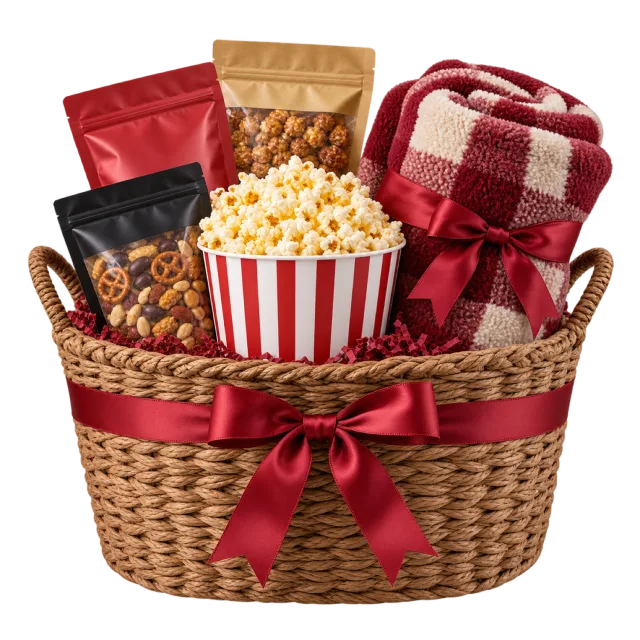 A wicker basket holding striped popcorn tubs, snack packets and a red checked blanket, tied with a red bow