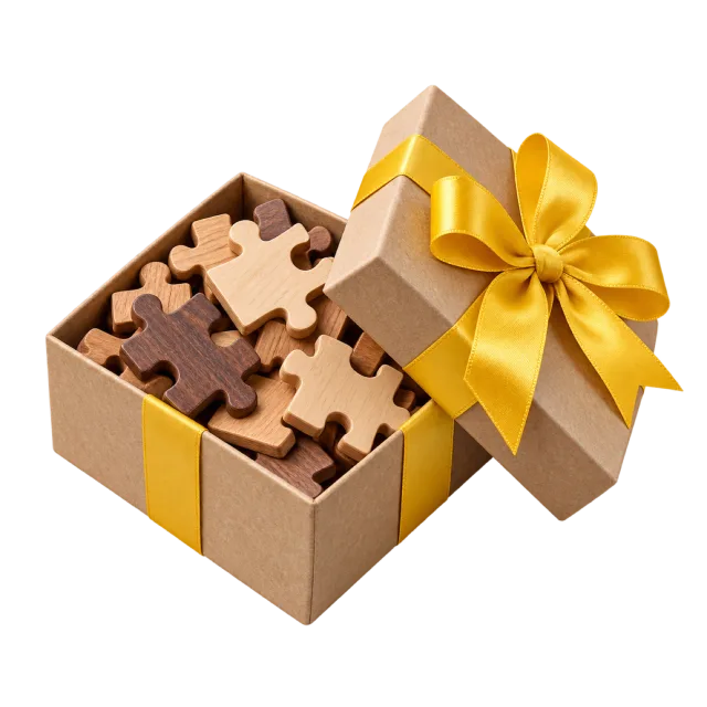 An open kraft box filled with wooden-looking jigsaw pieces, with a yellow bow on its tilted lid