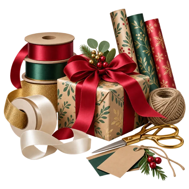 A collection of ribbon spools, wrapping paper rolls, twine, tags and gold-colored scissors around a red-bowed parcel