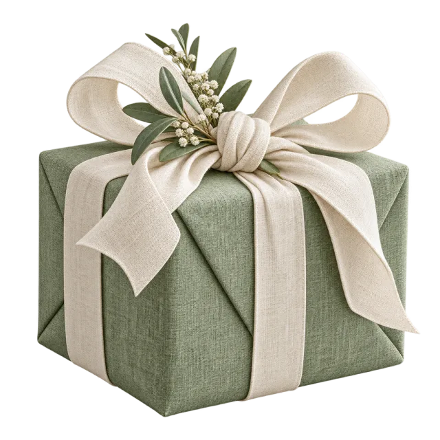 A sage green fabric-textured gift box with an ivory bow and a small leafy sprig