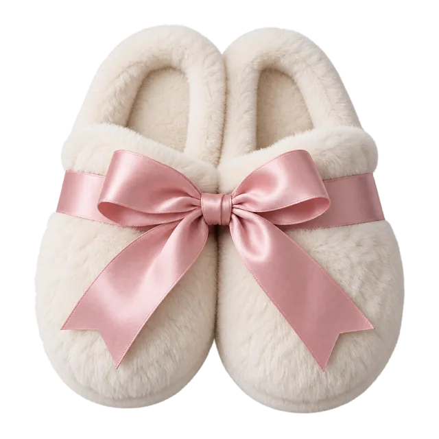 A pair of soft cream slippers tied together with a broad pink ribbon bow