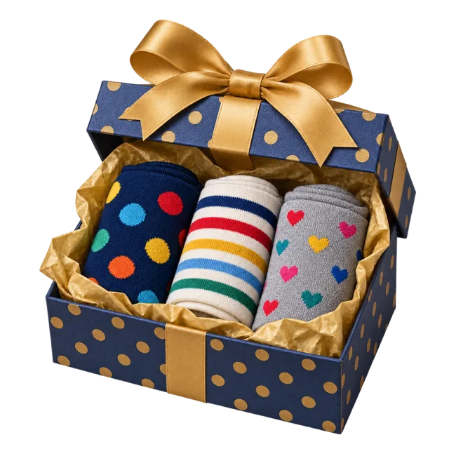 An open navy box with gold dots holding three pairs of colorful patterned socks, topped with a gold bow