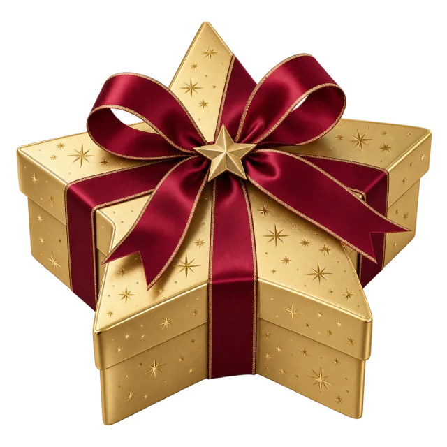 A gold star-shaped box with small star patterns and a deep burgundy ribbon bow