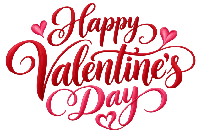 Happy Valentine's Day in crimson red and rose pink, romantic flourished calligraphy on a transparent background