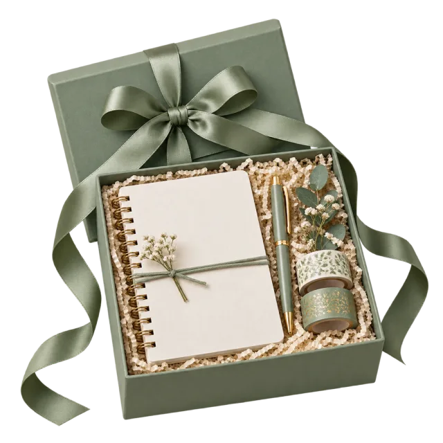An open sage green box holding a blank-cover spiral notebook, writing accessories and decorative tape rolls