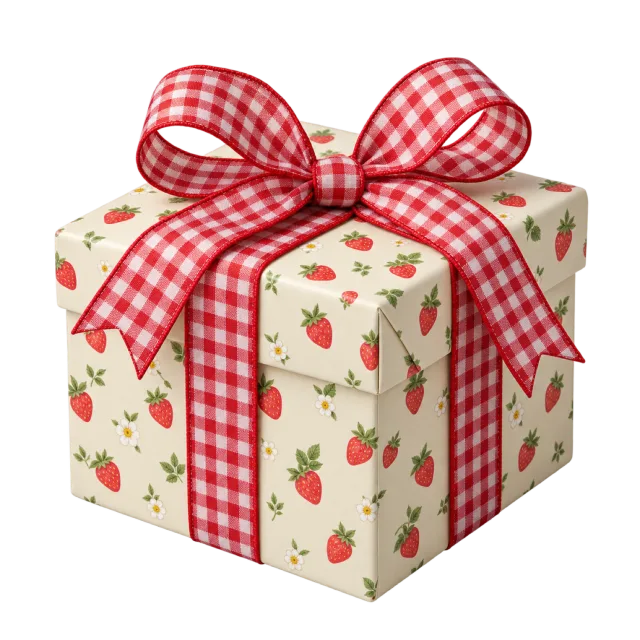 A cream parcel printed with red strawberries and green leaves, wrapped in a red gingham ribbon bow
