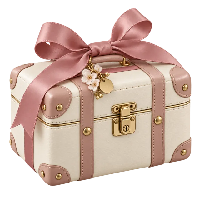 A cream suitcase-style box with blush trim, a gold-colored clasp and a pink ribbon bow