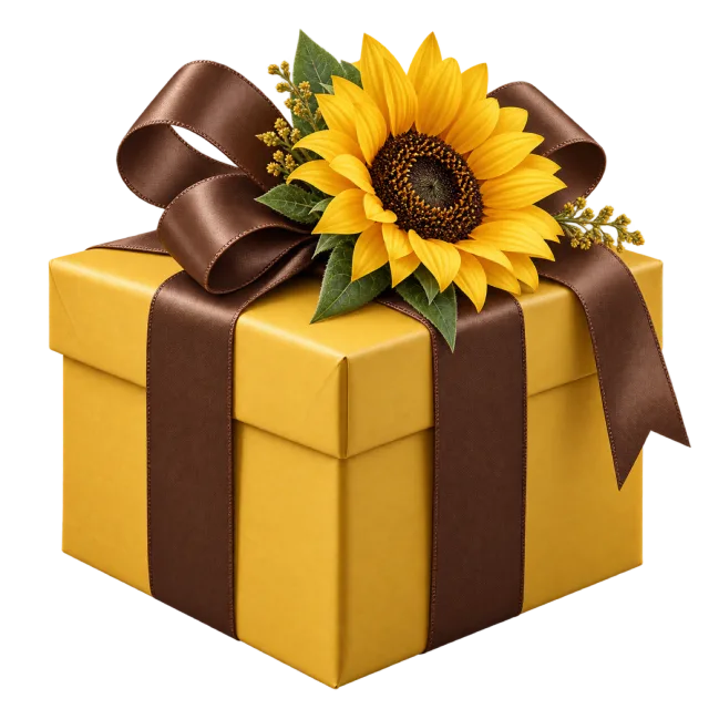 A yellow gift box wrapped with brown ribbon and topped with a large sunflower