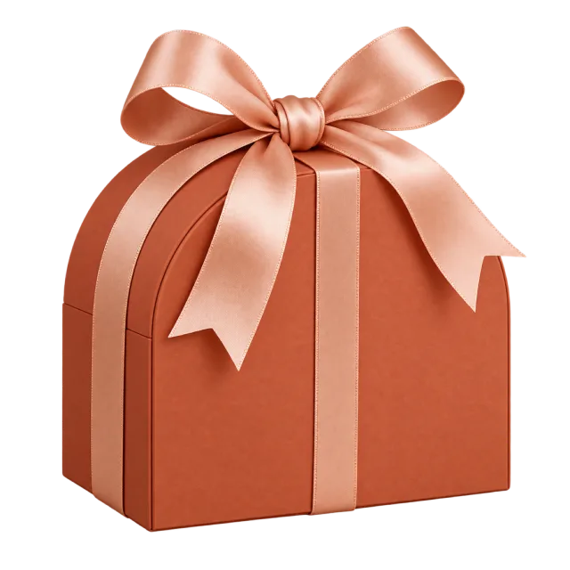 A terracotta-colored box with a rounded arch top and a peach satin-style ribbon bow