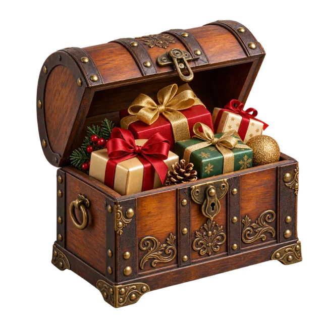 An open wooden treasure chest with ornate metal-style trim and small colorful presents inside