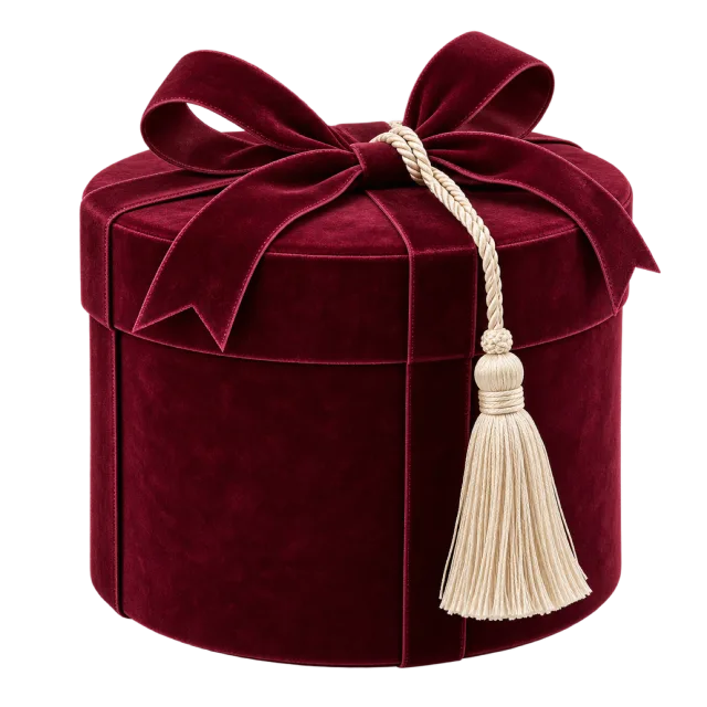 A deep burgundy cylindrical box with a velvet-like finish, matching bow and cream tassel