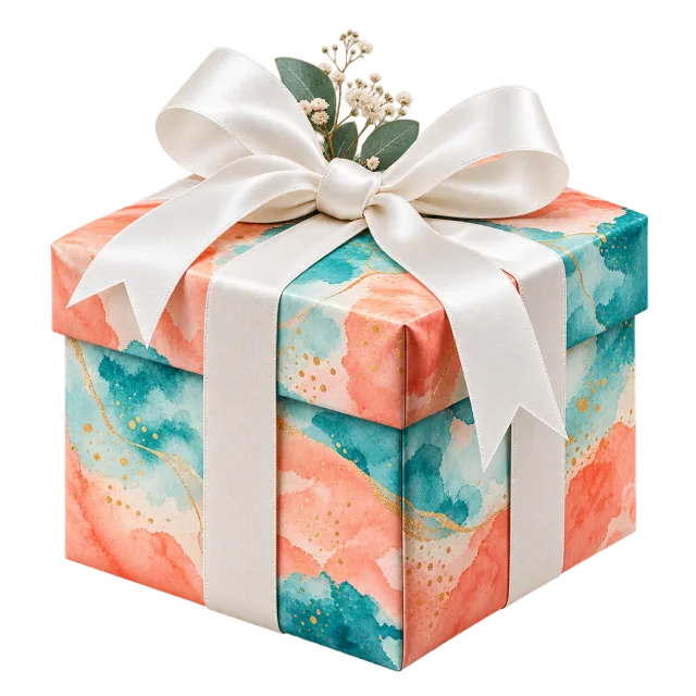 A square gift box with coral and turquoise watercolor-style patches, topped with a white bow and leafy sprig