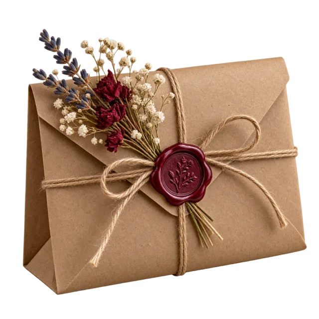 A folded kraft paper parcel tied with twine, decorated with a burgundy wax seal and dried flowers