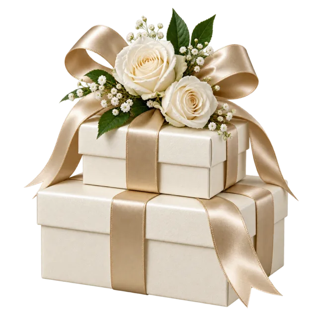 Two stacked cream gift boxes tied with champagne-colored ribbon and topped with white roses and greenery