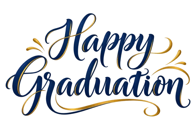 Happy Graduation in navy blue and gold, elegant celebratory brush calligraphy on a transparent background