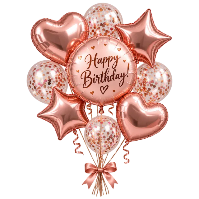 Rose gold heart and star balloons surround a round Happy Birthday balloon, with confetti balloons and a ribbon tie