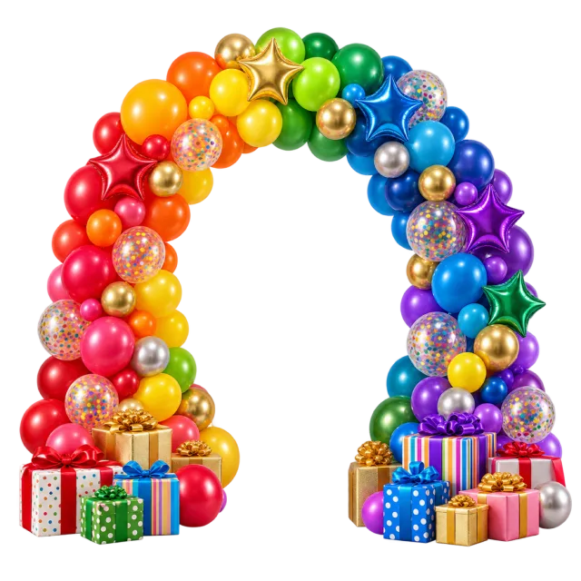A rainbow arch of clustered balloons with colorful wrapped gifts at both ends