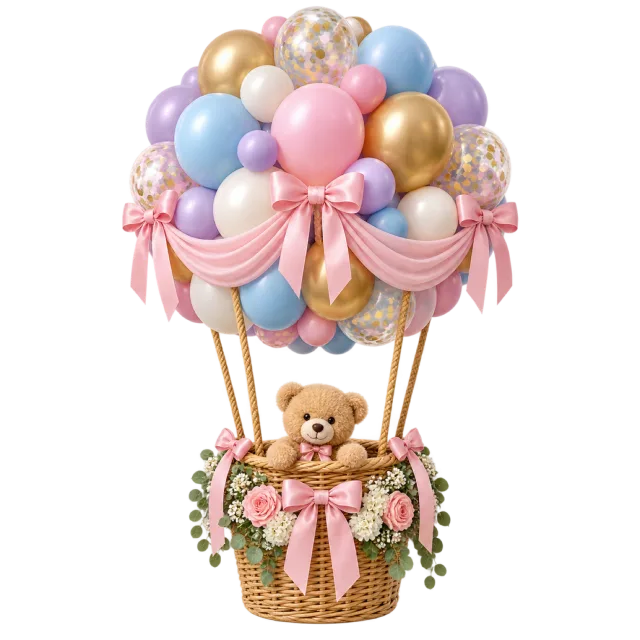 Pastel balloons rise above a wicker basket holding a teddy bear, decorated with pink bows and flowers
