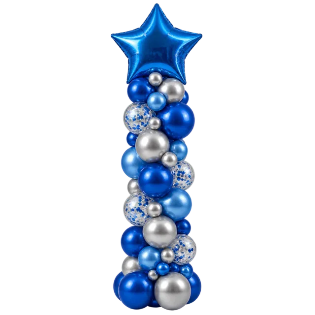 A tall column of blue, silver and confetti balloons topped with a metallic blue star