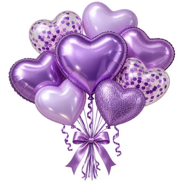 A cluster of lavender and deep purple heart balloons with curling ribbons and a purple bow