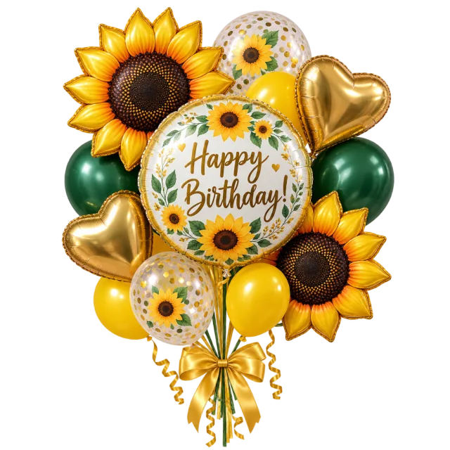 Sunflower-shaped balloons frame a Happy Birthday balloon among yellow, green and gold heart balloons