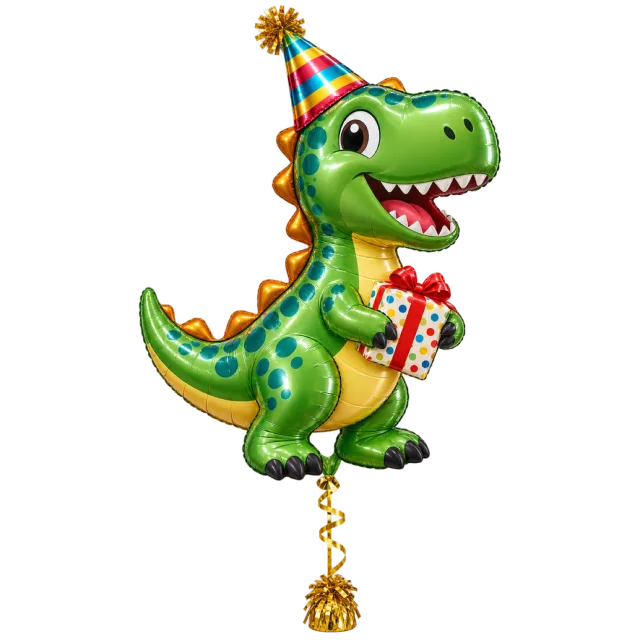A green dinosaur-shaped balloon wearing a striped party hat and holding a present, with a gold curling string