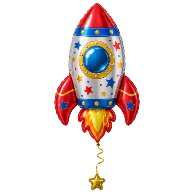 A red, silver and blue rocket-shaped balloon with a yellow flame and a dangling star on its string