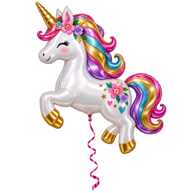 A white unicorn-shaped balloon with a gold horn, rainbow mane and pink curling string