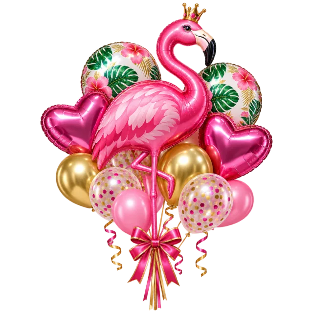 A pink flamingo balloon stands among heart, gold and confetti balloons with curling ribbons