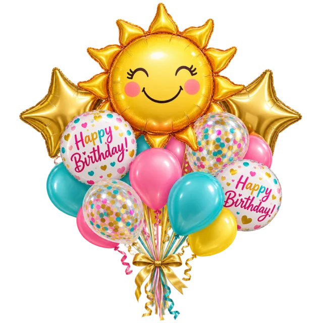 A smiling yellow sun balloon tops a cluster of gold stars and colorful Happy Birthday balloons