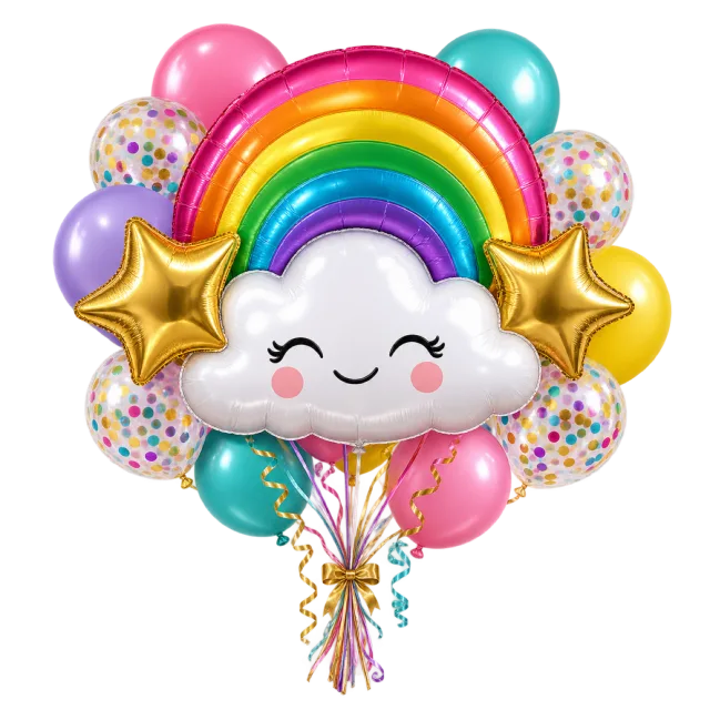 A rainbow balloon arches above a smiling white cloud, surrounded by gold stars and colorful round balloons