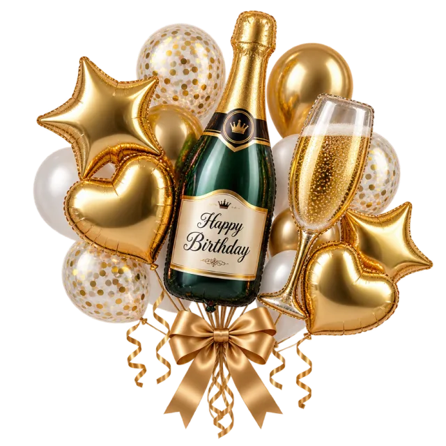 Champagne bottle and flute-shaped balloons sit among gold hearts, stars and confetti balloons