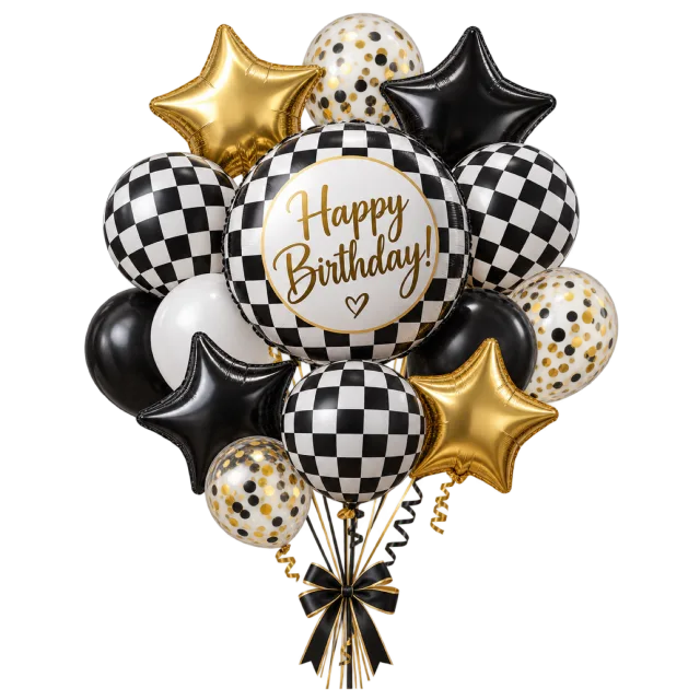 A Happy Birthday balloon surrounded by black, white, gold and checkerboard-patterned balloons